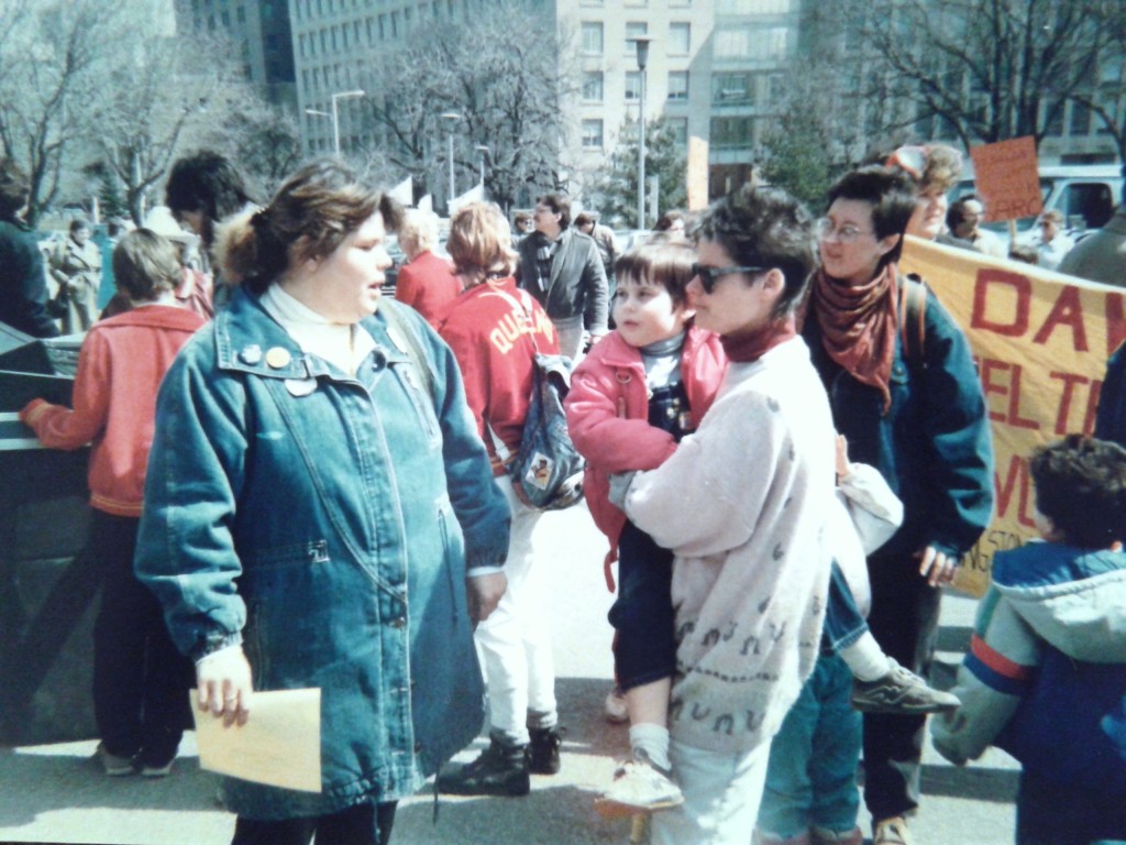 Housing Rally, Queen's Park, Toronto, 1989, Author on right with her daughter
